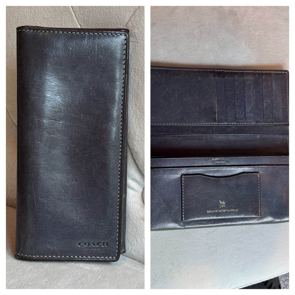 Vintage COACH Wallet Billfold Buffalo Leather Navy Blue Credit Card Check Case